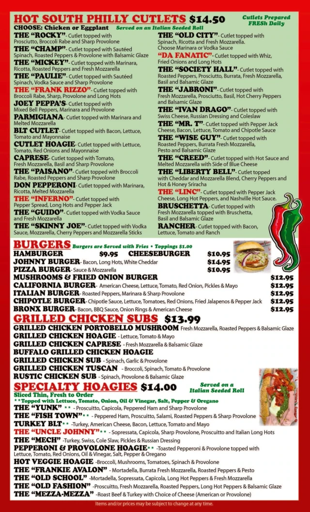 Cutlets, burgers & specialty hoagies
