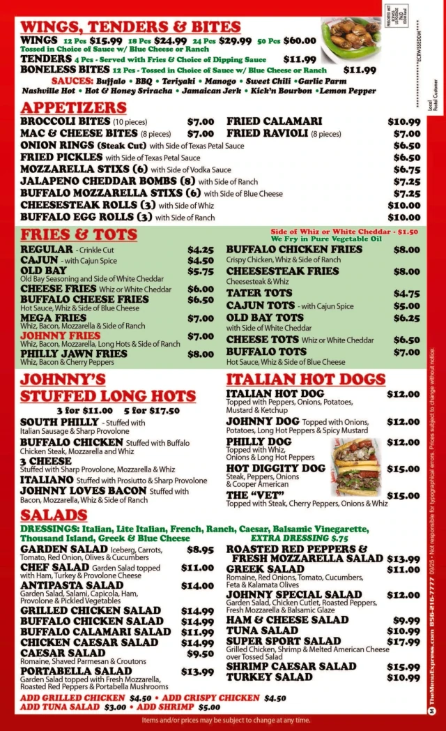 Wings, appetizers, long hots & salads